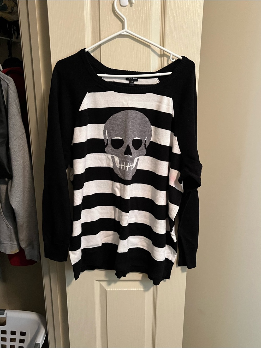 torrid Black and White Striped Skull Crewneck Sweater